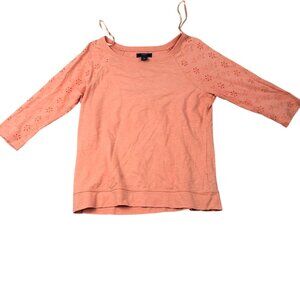Chaps Denim Womens Blouse Medium Coral 3/4 Sleeve Embroidered Eyelet Floral Boho